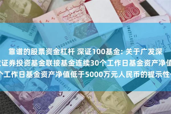 靠谱的股票资金杠杆 深证100基金: 关于广发深证100交易型开放式指数证券投资基金联接基金连续30个工作日基金资产净值低于5000万元人民币的提示性公告
